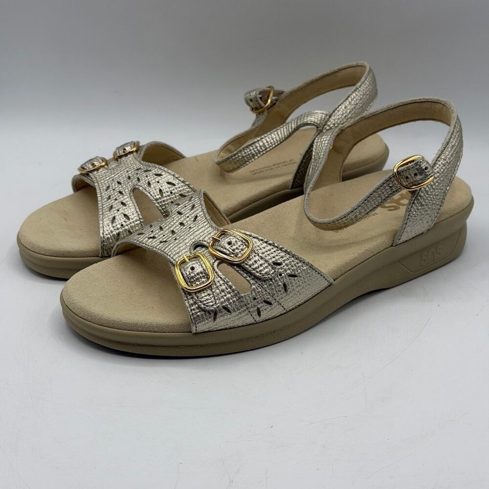SAS Duo Gold Linen Women's Size 8.5W Sandals Leather Tripad Comfort Buckle READ